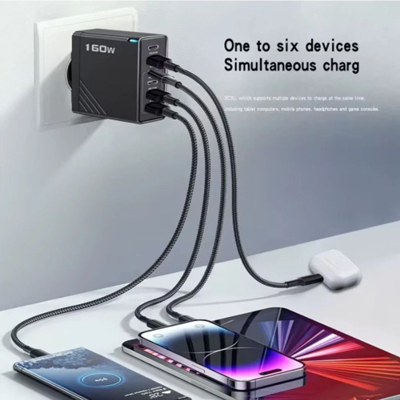 160W 6-Port USB C Fast Wall Charger Block ,4 in 1 Cable For All Cell Phone iPad gallery