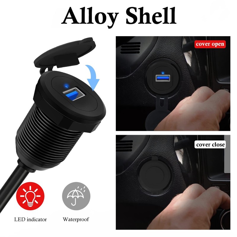Alloy Single Port USB 3.0 Dashboard Port Car Mount Flush Cable, Male to Femal... gallery