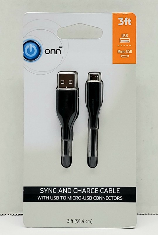 Onn Charger~3 ft~Sync and Charge Cable, With USB to MICRO-USB ~Black