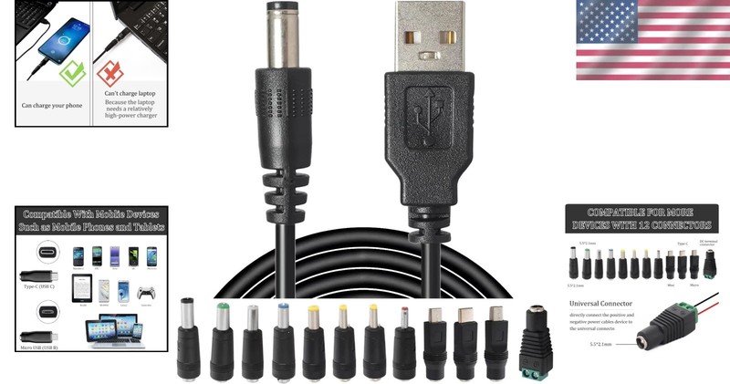 Universal USB to DC Charger Cable with 12 Changeable Tips - Perfect for Gadgets gallery