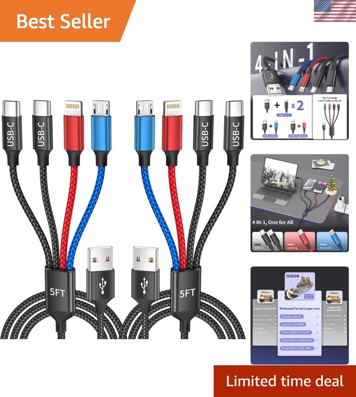 Dual Type-C 4-in-1 Multi Charging Cable – 2 Pack, 5FT, Multicolored