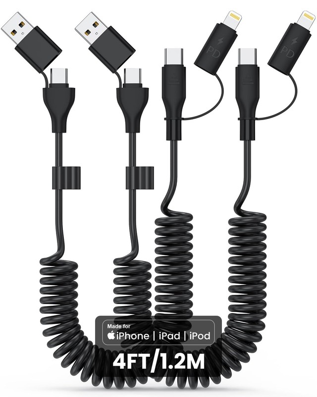 2-Pack Car Carplay Cable Set Coiled USB C and 4-in-1 Multi Charging Cord