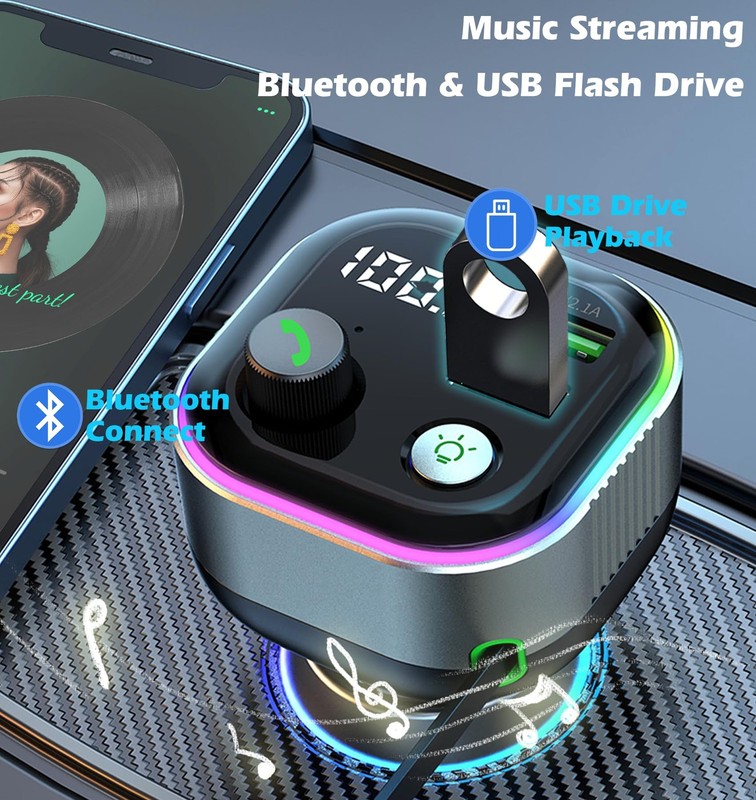 Bluetooth 5.4 FM Transmitter for Car, 36W(12V)-65W(24V) Type C Retractable Co... gallery
