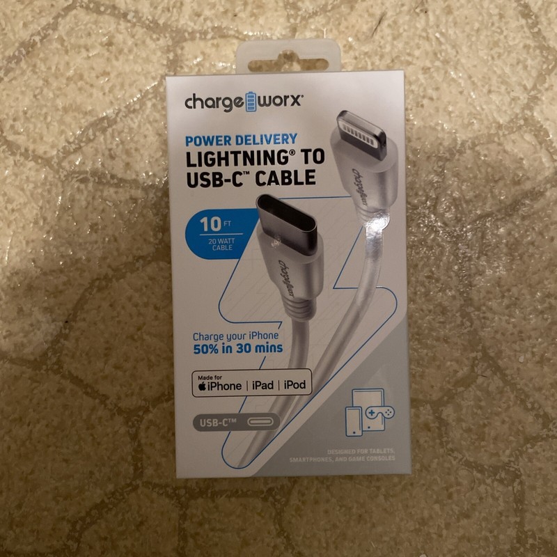 Chargeworx – Power Delivery 10 Foot 8-Pin to USB-C Cable For Apple – White gallery