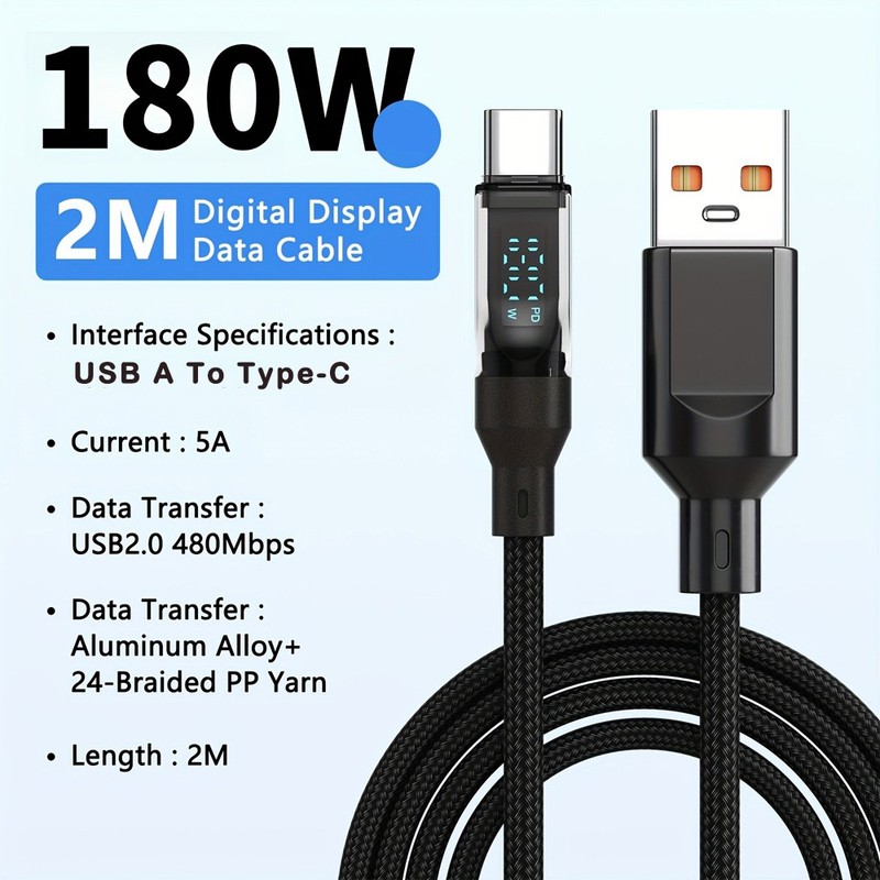 180W Super Fast Charging USB Cable With LED Digital Display fits iPhone, Samsung