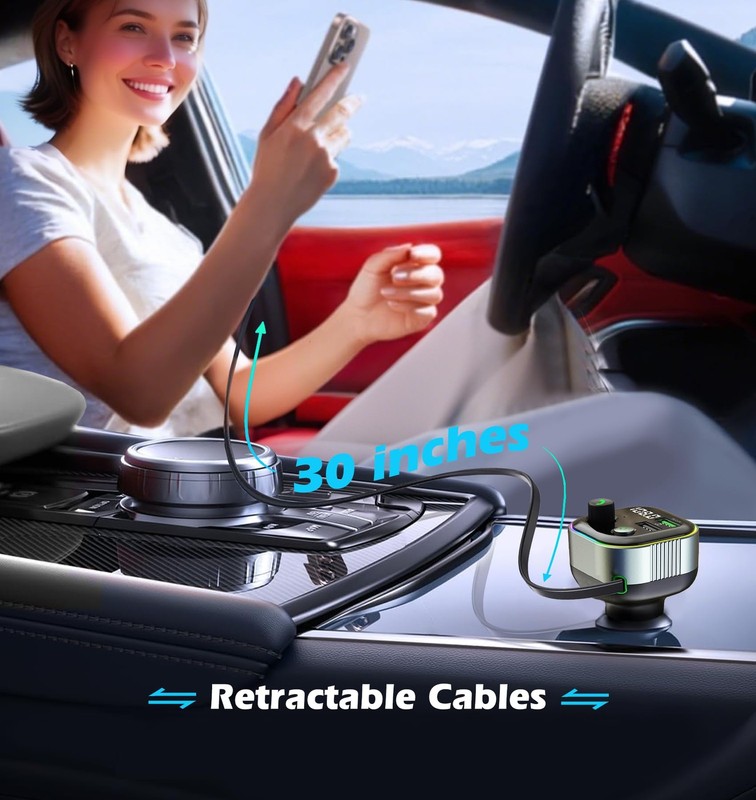 Bluetooth 5.4 FM Transmitter for Car, 36W(12V)-65W(24V) Type C Retractable Co... gallery