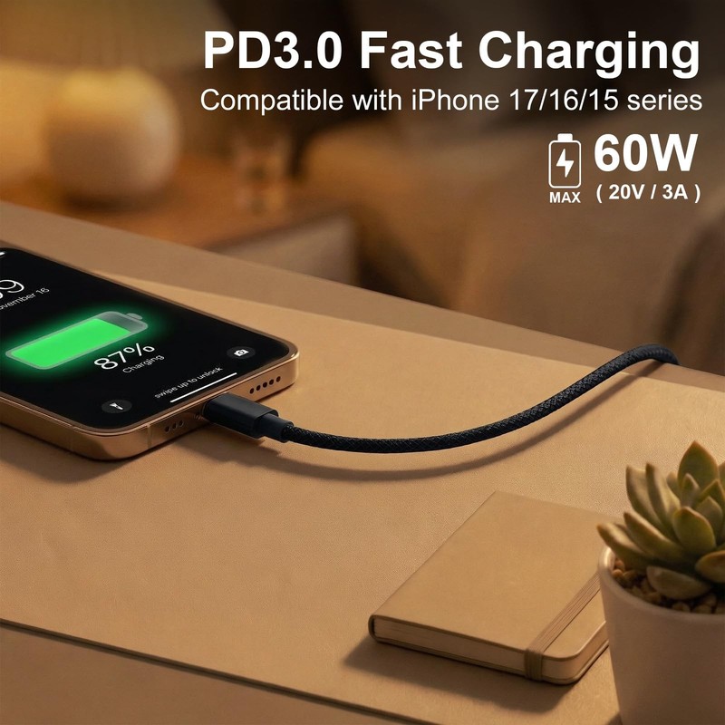 MAIWEIS USB C to C Charger Cable, 60W, 3FT, 2-Pack, Black 3FT+3FT, gallery