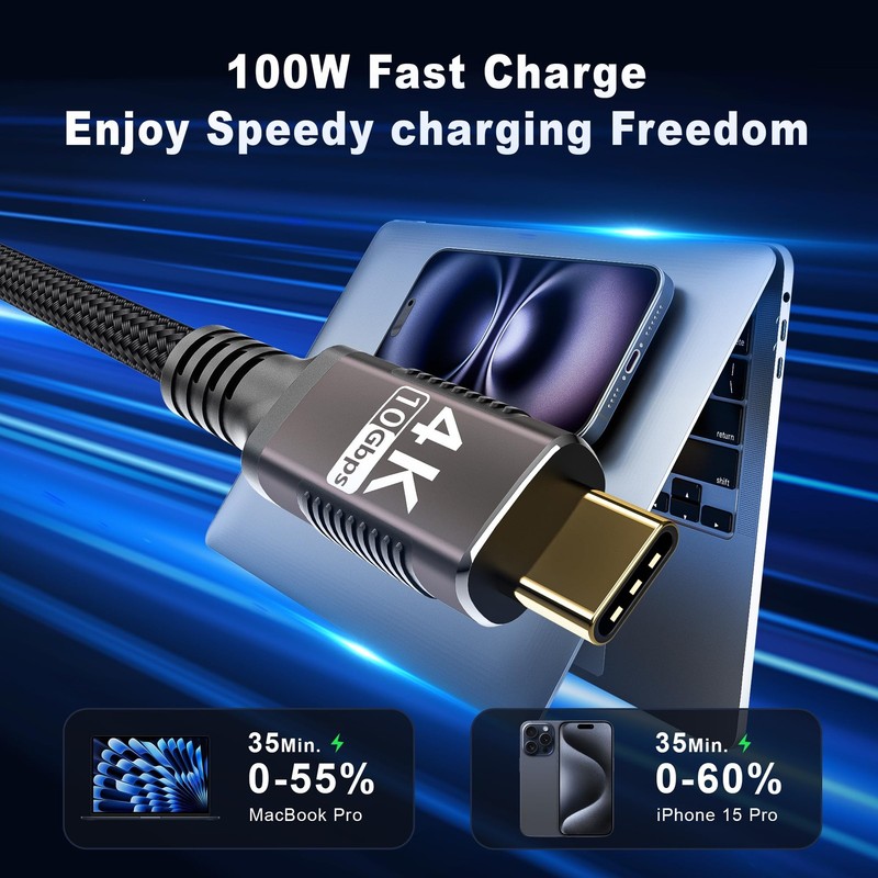 10FT USBC To USBC Cable Thunderbolt 3 10Gbps 4K@60Hz 100W 5A PD3.0 2 PCS gallery