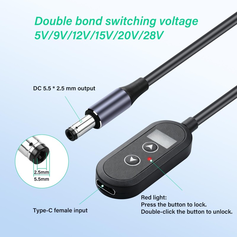 SinLoon PD 140W USB C to DC5525 Converter Cable | Adjustable Voltage 5V/9V/12... gallery