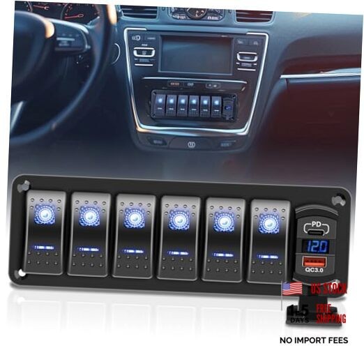 6 Gang 5 Pin Marine Boat Rocker Switch Panel with DC 12-24V LED Voltmeter Blue