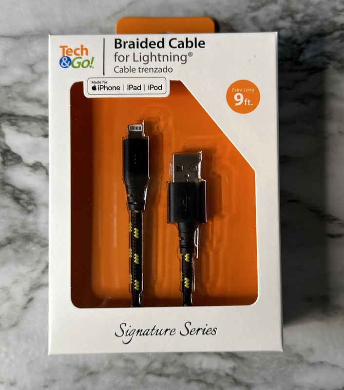 Tech & Go 9ft USB Braided Charge Cable for iPhone iPad iPod - NEW-Black & Yellow