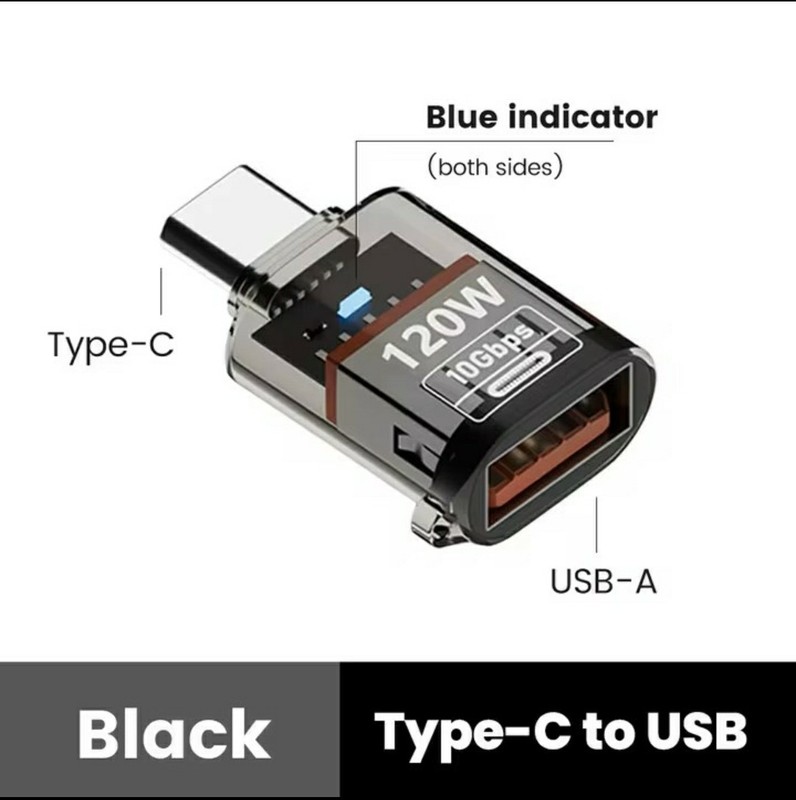 USB-C to USB-A Adapter 120W 10Gbps Black, Blue Indicator, Fast Charging OTG