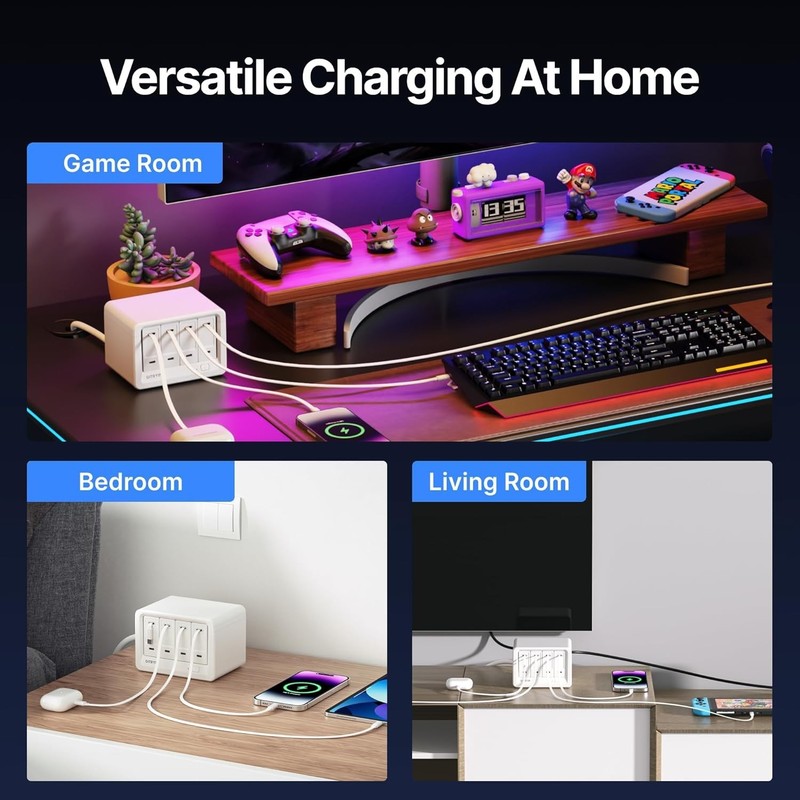 Gitryin Desktop Charging Station Retractable Cable Wall Charger AC/USB/Type-C gallery