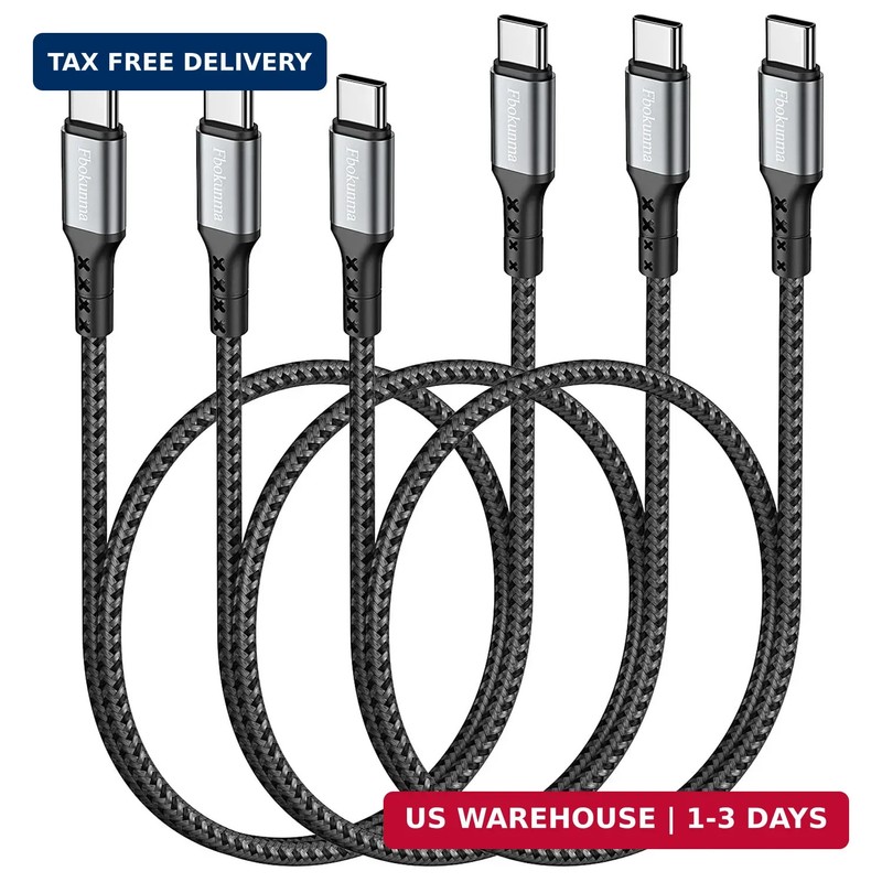 20inch Short USB C to USB C Cable, 3-Pack 1.6FT 65W Charger Cable PD Fast Chargi