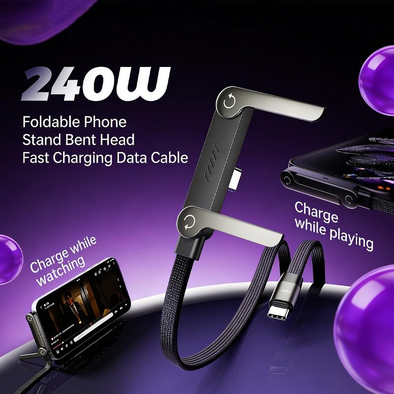 2-in-1 Invisible Stand USB C Cable 240W, Flat Type C Fast Charging Cord 5FT, ... gallery