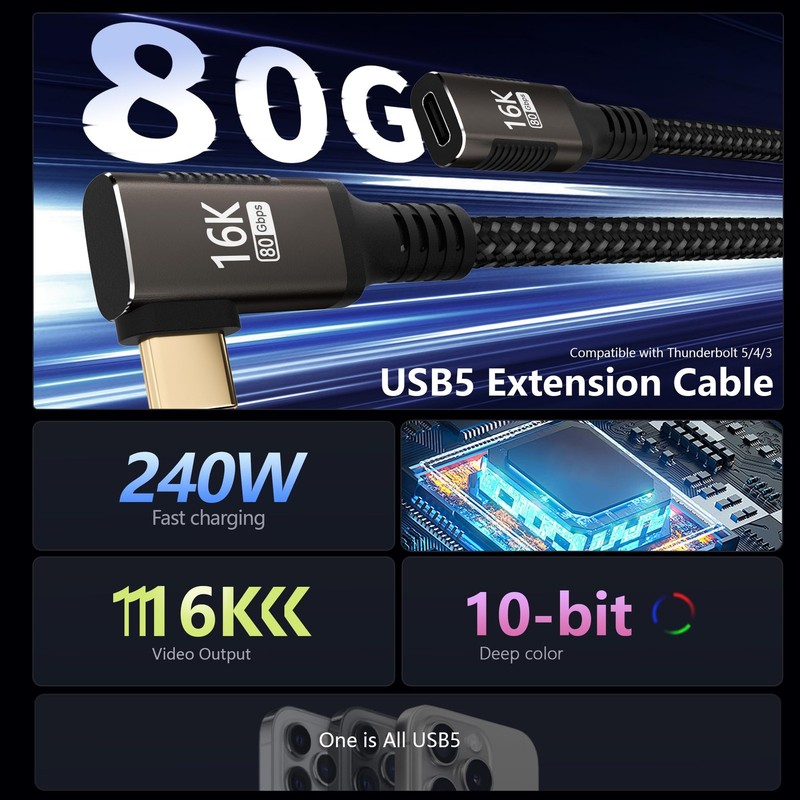 usbc extension cable right angle short 2FT with Thunderbolt 5/4/3 extender 80... gallery