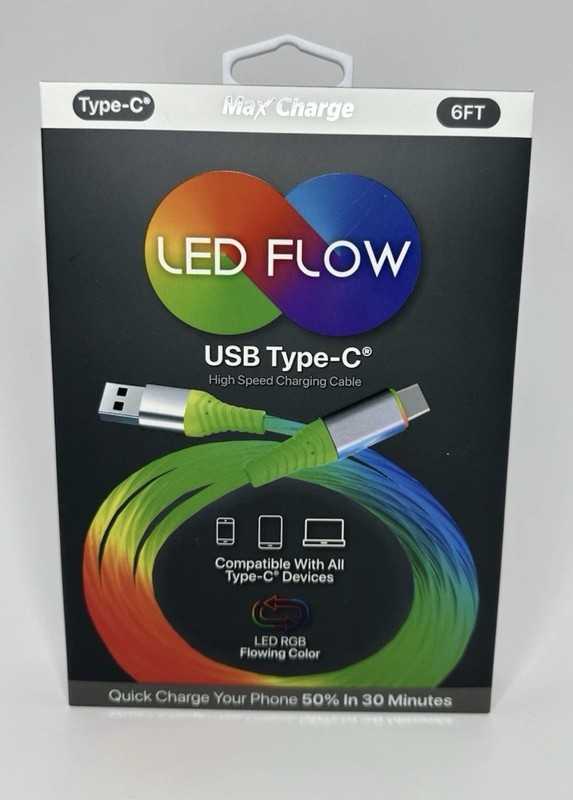 LED Flow USB Type-C RGB Charging Cable 6FT Fast Charge Glow Light – New