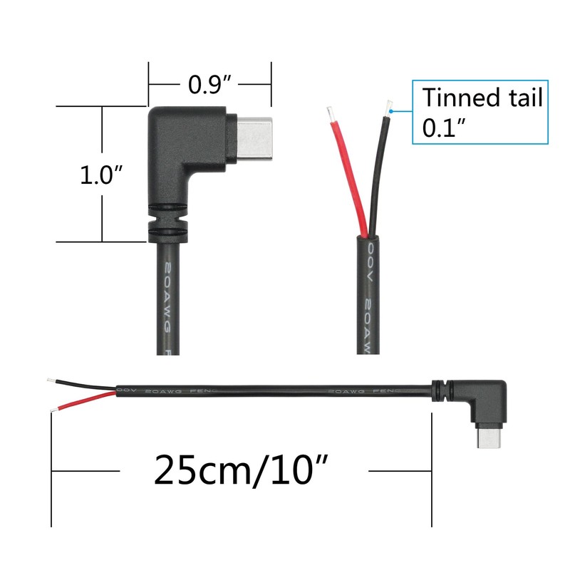 USB to 2 Pin Bare Wire Open End Power Cord 10inch, 90 Degree USB Plug 2 Pin P... gallery