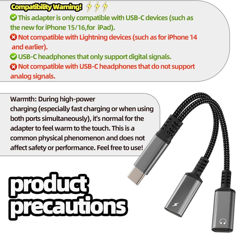 Dual USB C Adapter 2 in 1 Charging Cable DAC Type C Audio Charger Dongle for App gallery