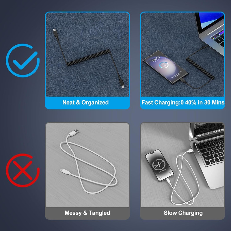 Android Auto USB C to USB C Cable 3FT Type C Fast Charging Coiled Samsung Charge gallery