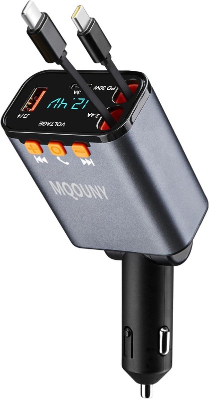 Retractable Car Charger,5 in 1 Fast Cars Phone Charger 60w,Bluetooth 5.3 FM Tran