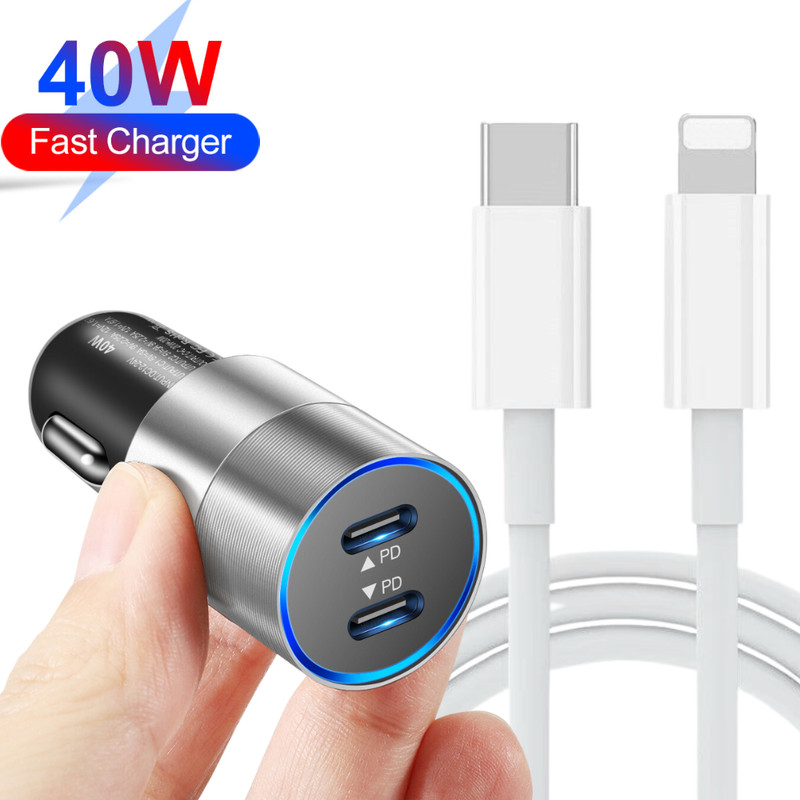 Dual Type C PD Fast 40W Car Charger Adapter Cable For iPhone 14 13 12 11 XR SE 8