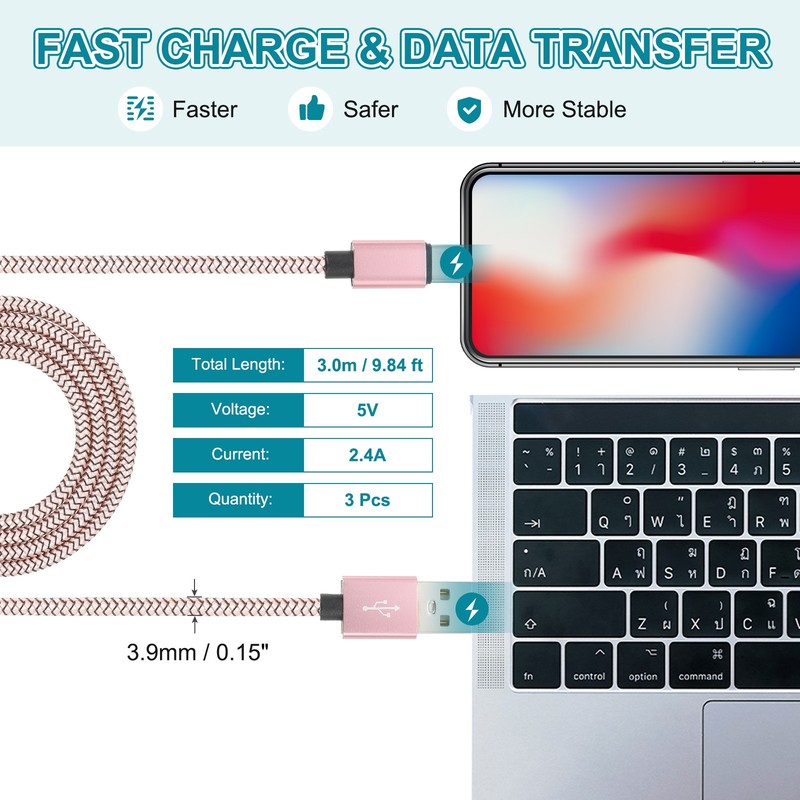 9.84ft USB Type C Charger Cable 3pcs 2.4A Type-C Braided Charging Data Cord Pink gallery