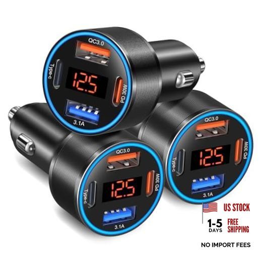3-Pack USB C Car Chargers for Automobil – 4 Ports 65 W Dual – Black