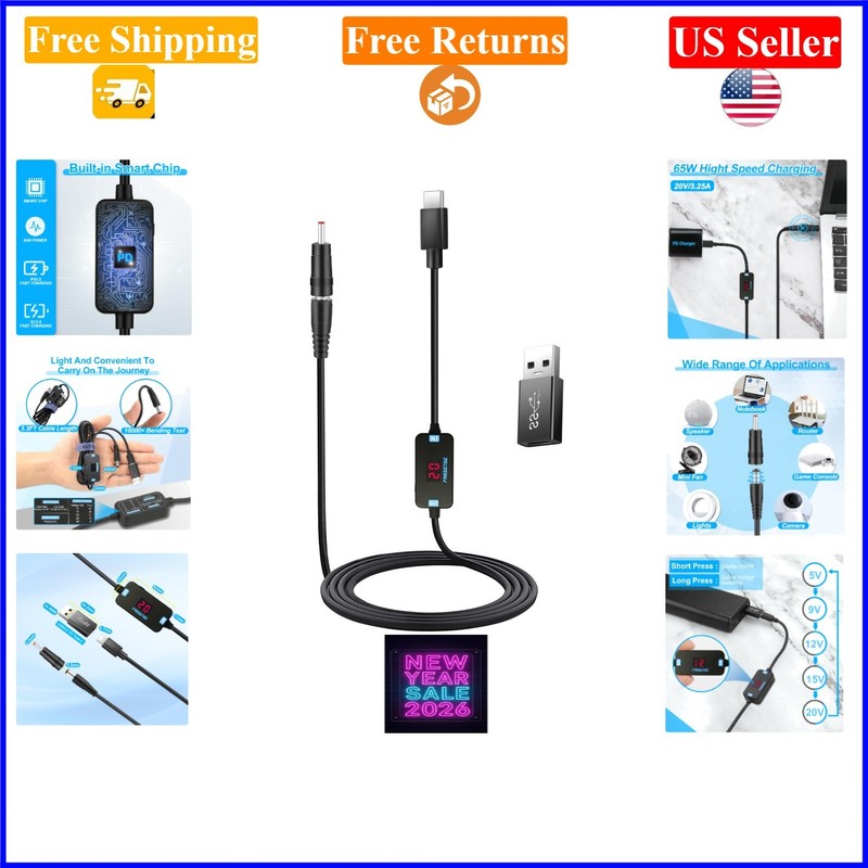 USB C to DC Adapter with Trigger Cable, 3.3ft, Includes Tips, LED Display