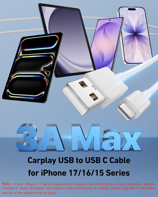 Car Carplay Cable for iPhone 17/17 //17e/16/15 Max/Plus Cable, 2Pack USB A to... gallery