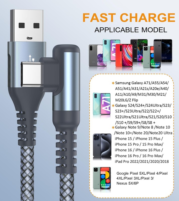 2-Pack Right Angle USB Type C Charger Cable Fast Power Cord Lead Grey 10 Ft gallery