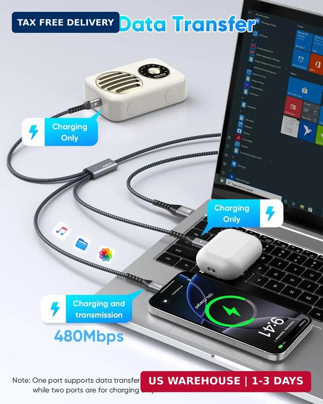 SUNGUY USB C Multi Charging Cable 4FT, QC3.0 USB C Splitter Cable 3 in 1 chargin gallery