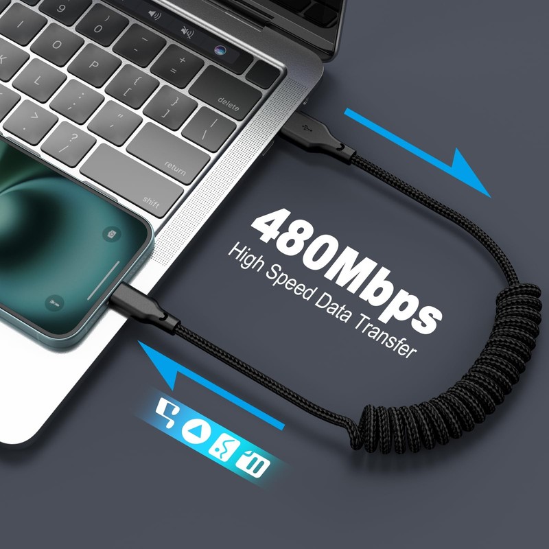 Coiled Car Carplay Charger Fast Charging，[2-Pack, 3Ft] Retractable Braid USB ... gallery