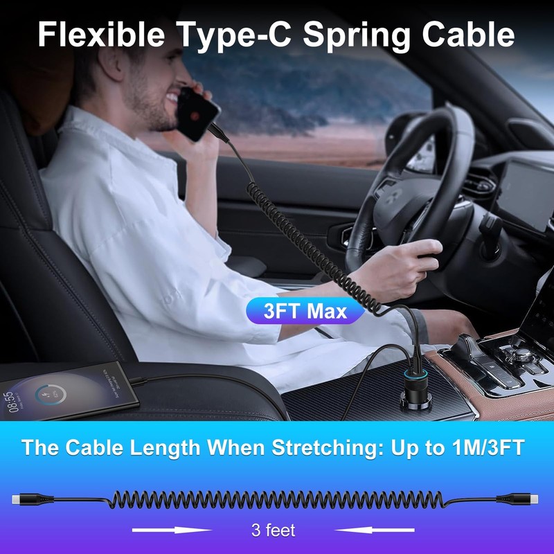 iPhone 17 Air 16e 16 15 Pro Max Charger Cable 3ft for Car Coiled USB C Cord gallery