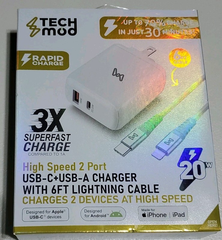 Tech MOD High Speed 2 Port USB-C/ USB-A Superfast Wall Charger /6ft Cable