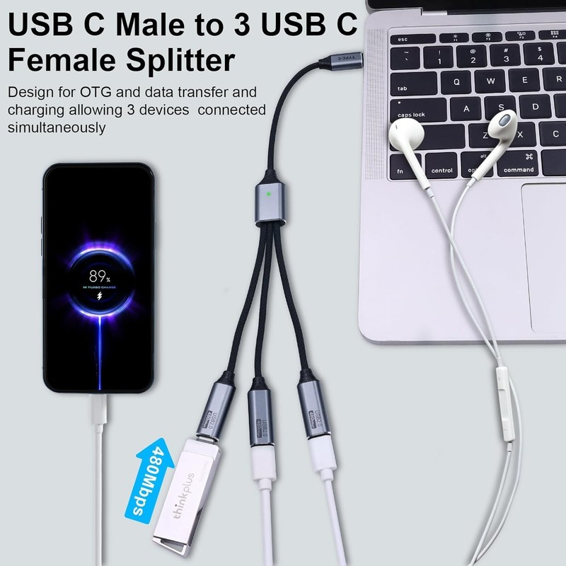 USB C Splitter 1 in 3 Out, Type C Male to 3 Female Cable gallery