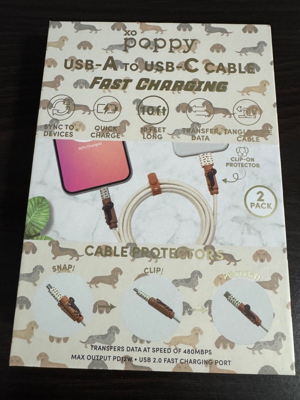 XO POPPY DACHSHUND USB-A to USB-C 10 FT FAST CHARGING CABLE gallery
