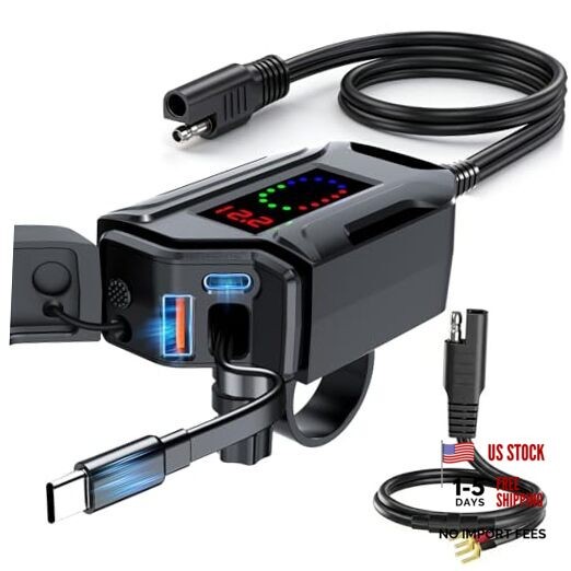 Motorcycle USB Charger, 3-in-1 Fast Charging with USB-A & USB-C + Retractable