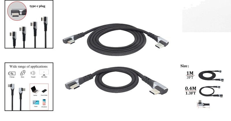 Nylon-Braided USB C Cable - 3.1A Fast Charge, 90° Angle, Black 2-Pack gallery