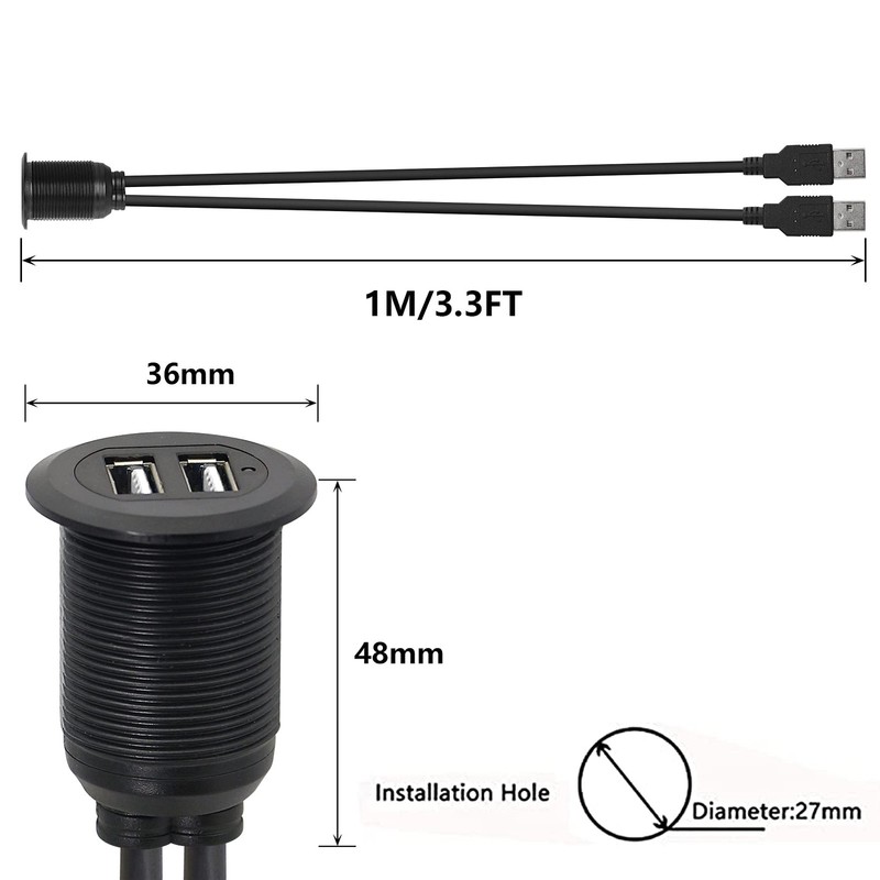 Dual USB 2.0 Male To Female AUX Flush Mount Extension Cable Dashboard 3.3FT gallery