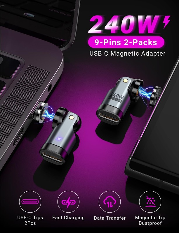 USB C Magnetic Adapter PD 240W(2Pack), 9PIN USB C 90 Degree Adapter/C Right gallery