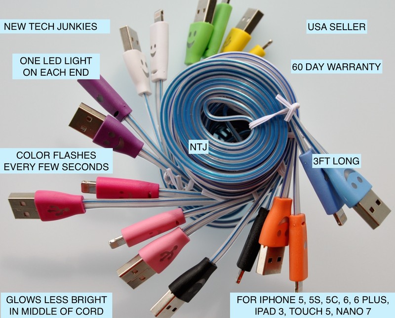 NTJ LOT (100) PIECES LIGHT LED data sync charger power cable usb for SMART PHONE