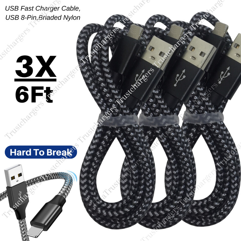 3X 6FT USB Braided Charger Cable Heavy Duty For iPhone 6 7 8 XR 11 12 13 14 Cord