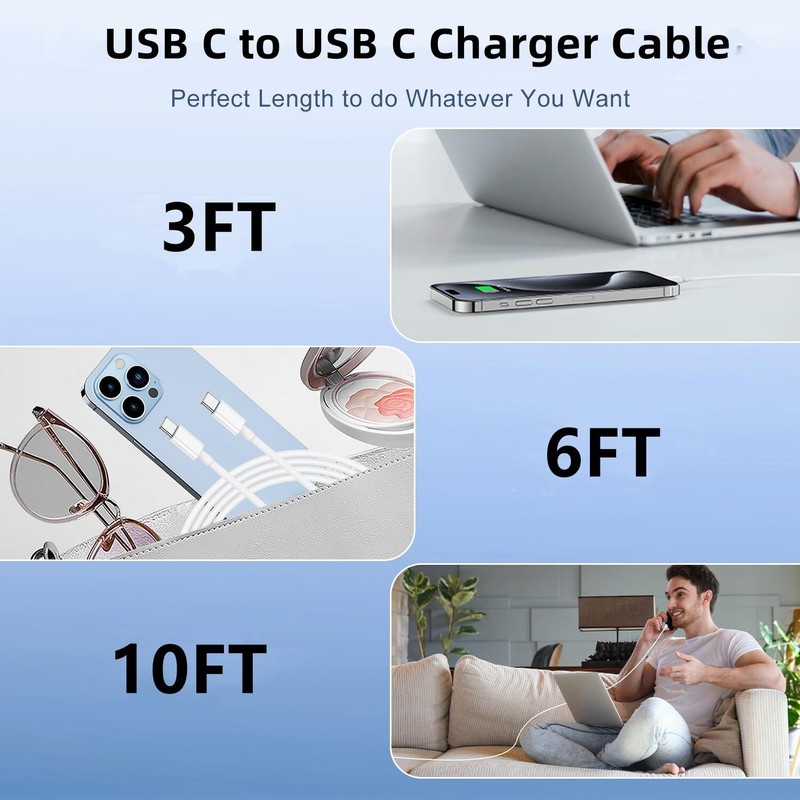 2x Cable Cargador 10-Pies USB Tipo C Carga Rapida 60 W Para iPhone 16 Pro Max gallery