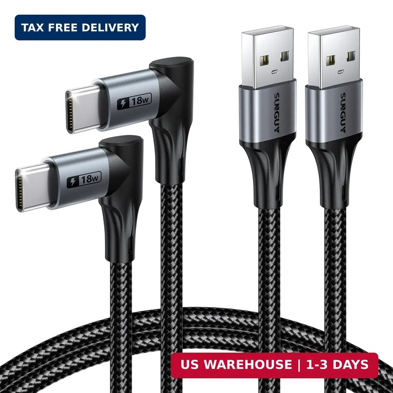 SUNGUY Right Angle USB C Cable 2Pack, [3.3FT/1m] Short 90 Degree USB to USB C Fa