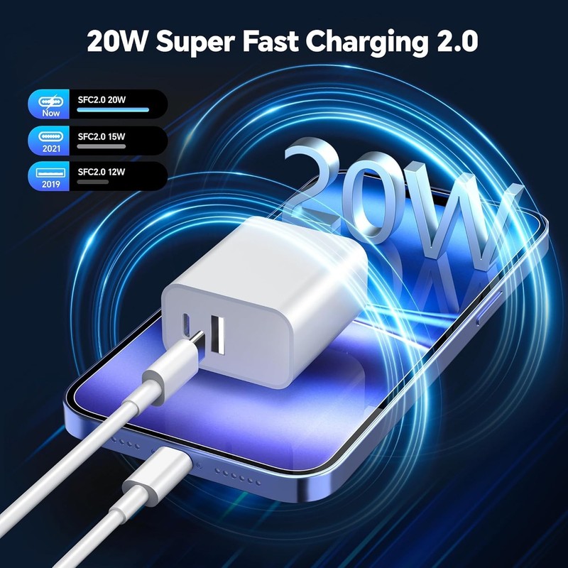 iPhone 16 15 Charger 20W Dual Port with 10FT USB C Cable gallery