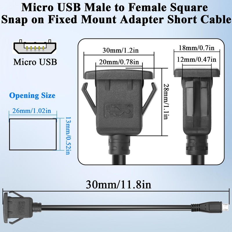 Micro USB Square Snap On Mount Adapter Short Cable Male To Female 30cm Cord gallery