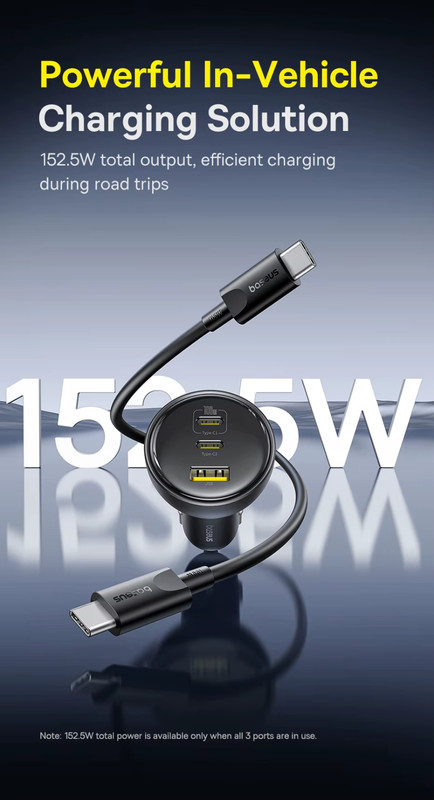 Baseus Fast Charging 152.5W Car with 100W Cable PD3.0 QC4.0 USB Type-C Charger gallery