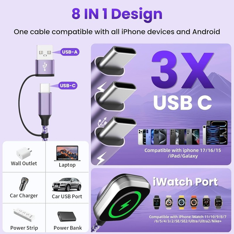 5FT Travel-Ready Braided Charging Cable for iWatch & Smartphones - 3 USB Ports gallery