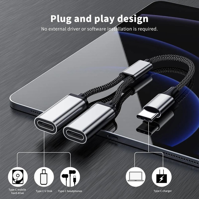 USB C plug to two USB C sockets splitter hub cable for type C charger gallery